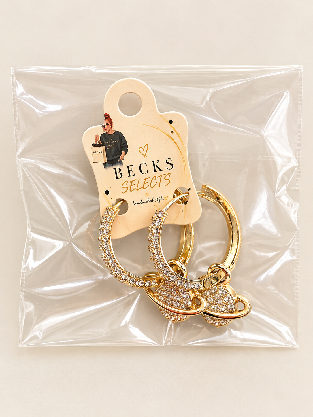Gold Rhinestone Saturn Charm Hoop Earrings
