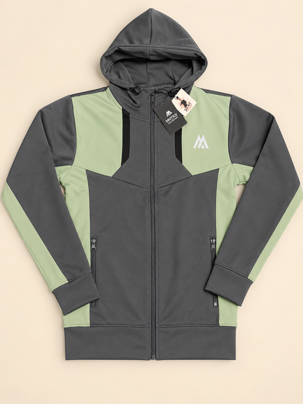 MNTRX Grey & Sage Green Hooded Tracksuit Set