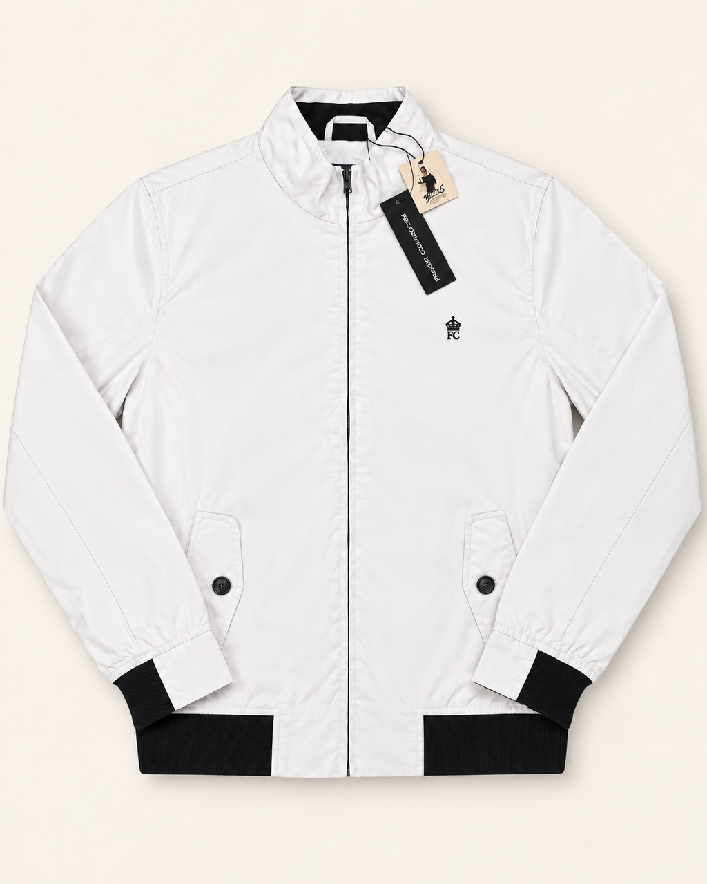 French Connection Men's White & Black Zip-Up Jacket – Small
