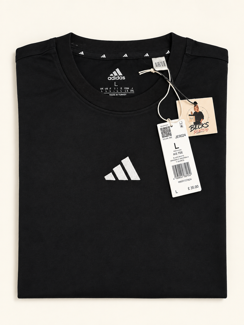 adidas 3 Stripe Tee – Black – Large