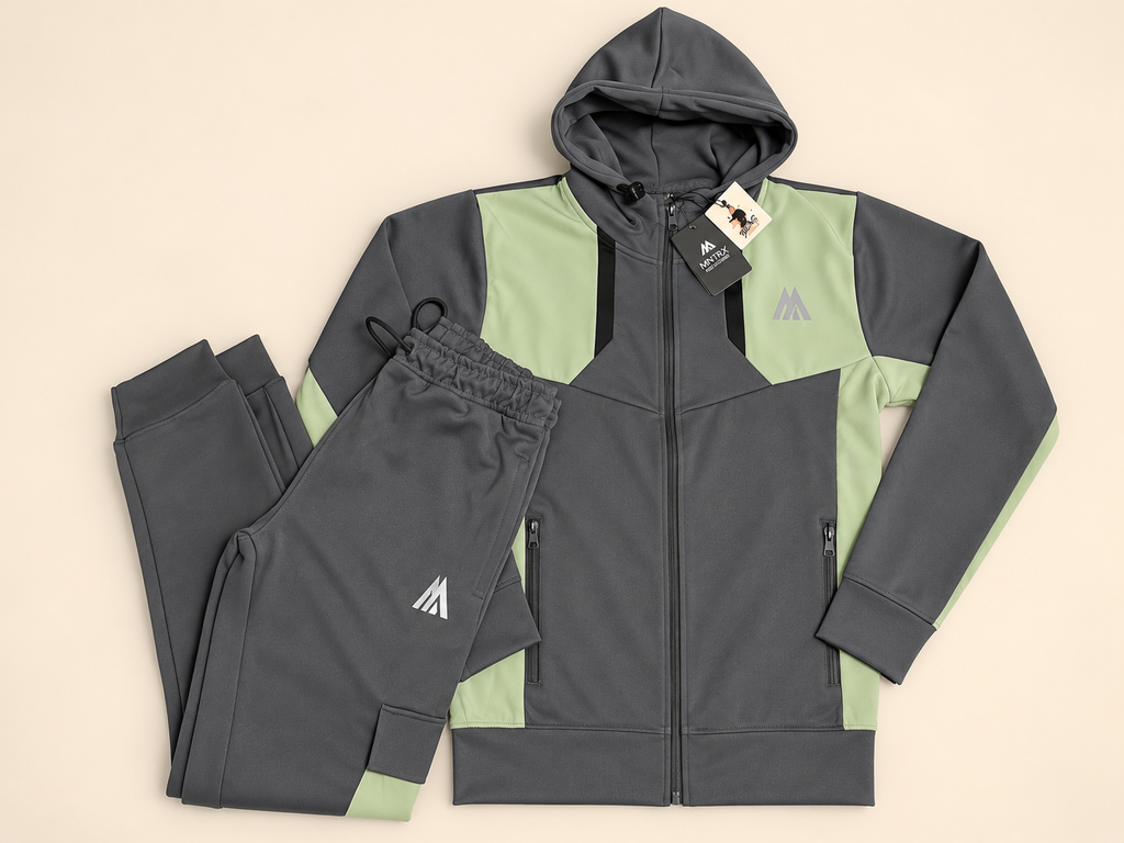 MNTRX Grey & Sage Green Hooded Tracksuit Set