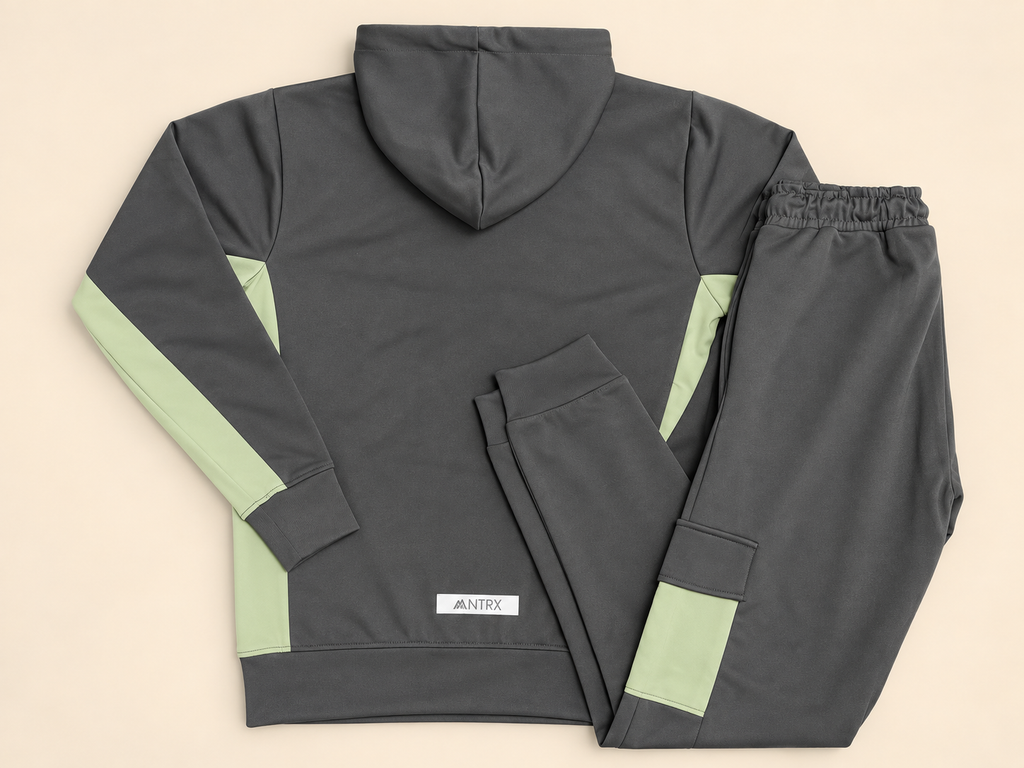 MNTRX Grey & Sage Green Hooded Tracksuit Set