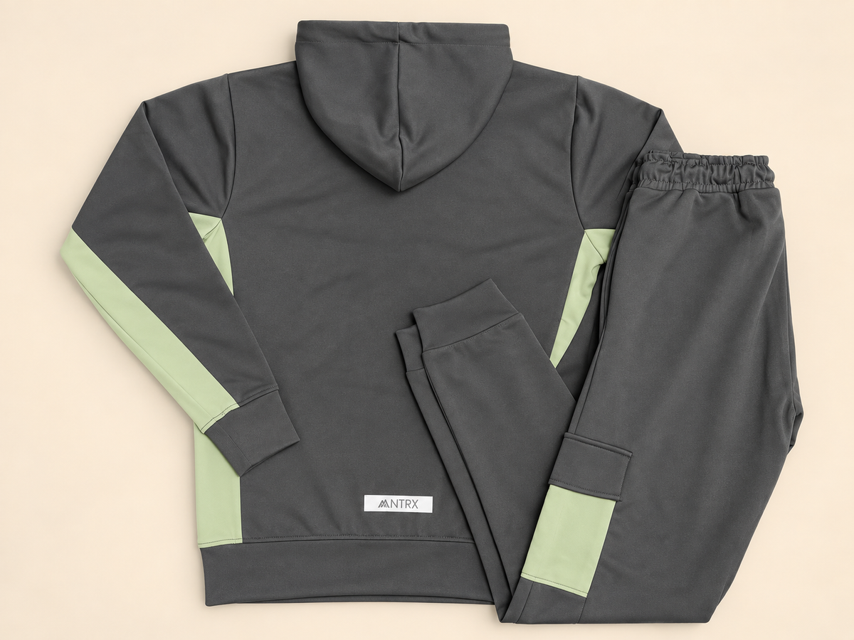MNTRX Grey & Sage Green Hooded Tracksuit Set