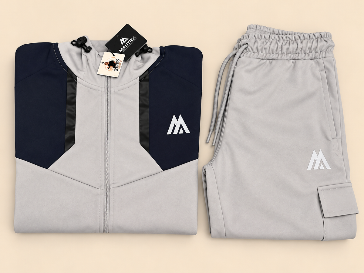 MNTRX Light Grey & Navy Hooded Tracksuit Set