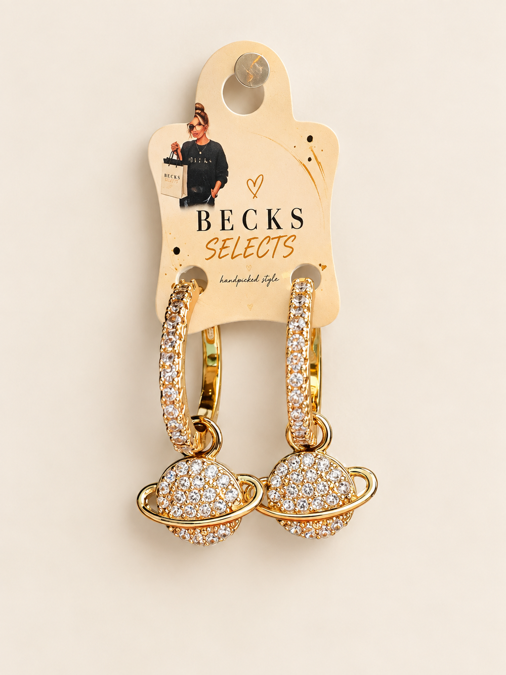 Gold Rhinestone Saturn Charm Hoop Earrings