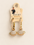 Gold Rhinestone Saturn Charm Hoop Earrings