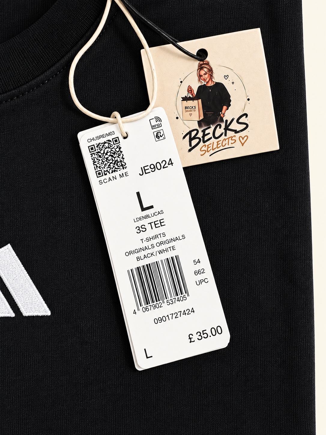 adidas 3 Stripe Tee – Black – Large