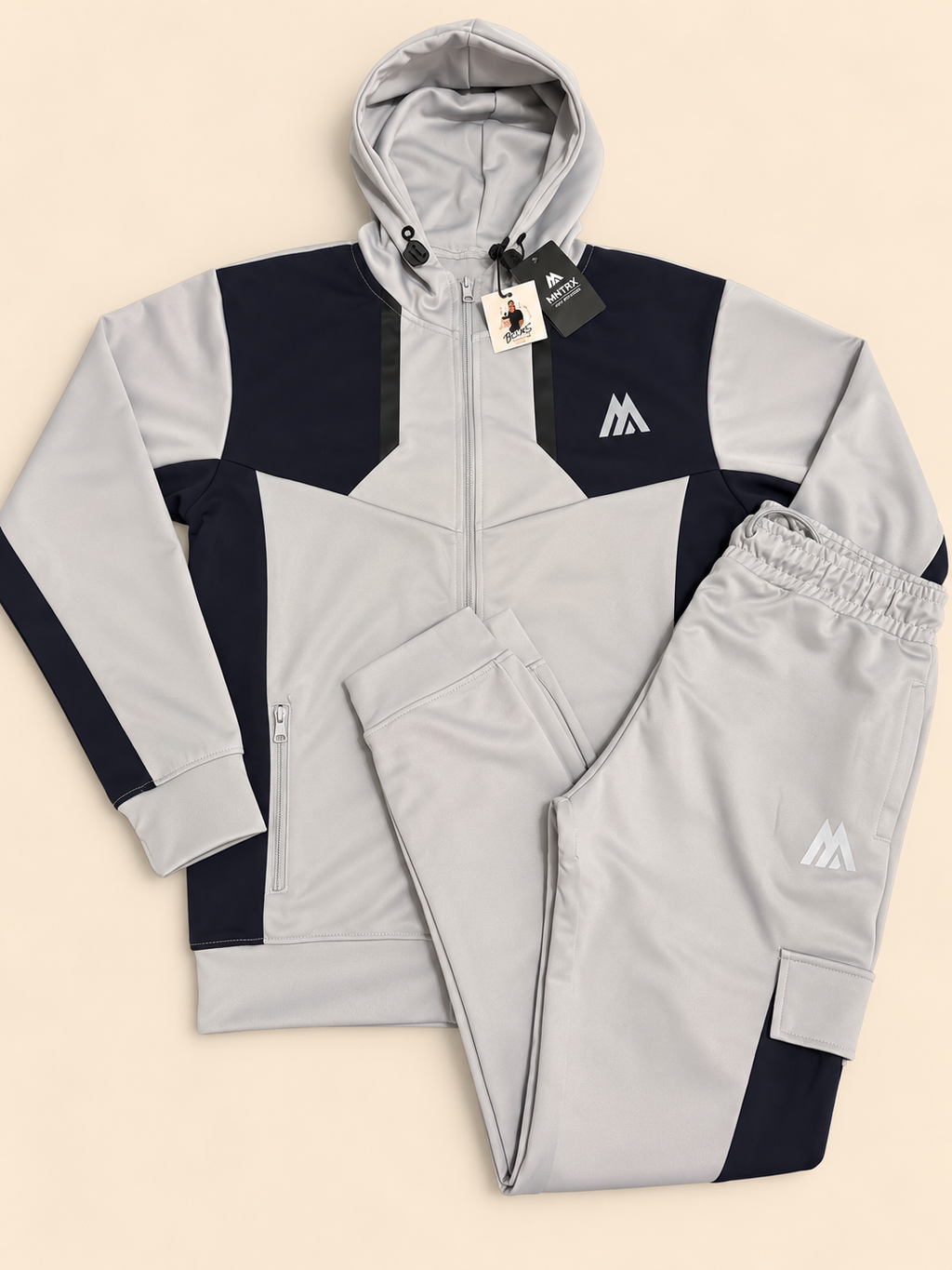 MNTRX Light Grey & Navy Hooded Tracksuit Set