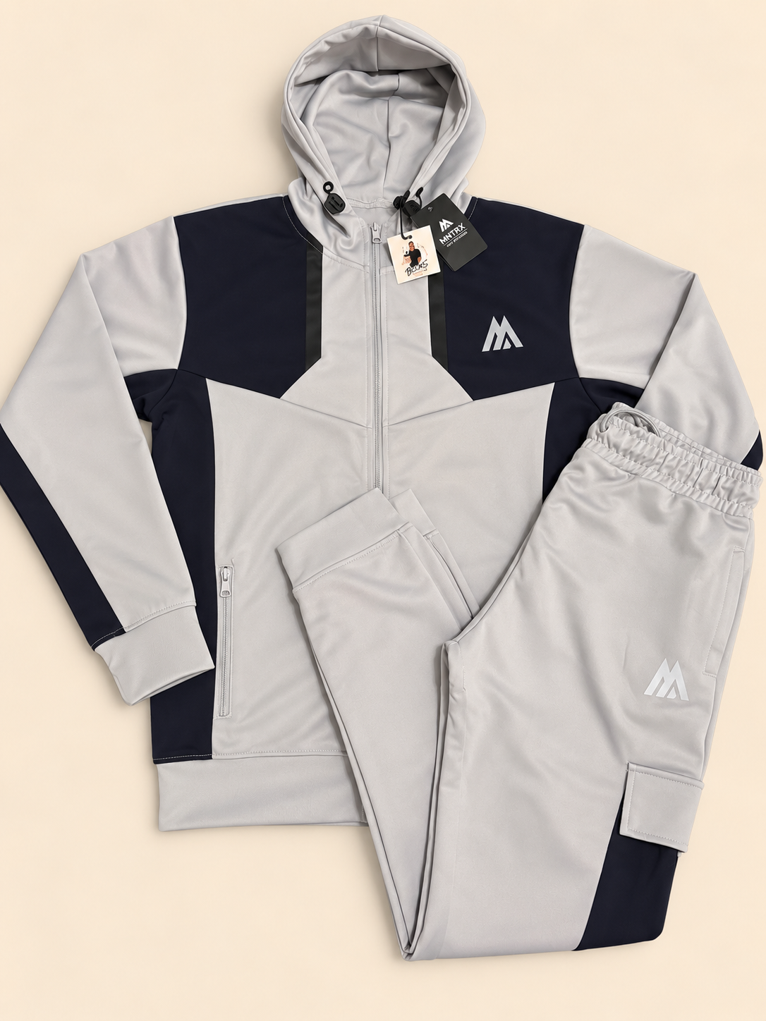 MNTRX Light Grey & Navy Hooded Tracksuit Set