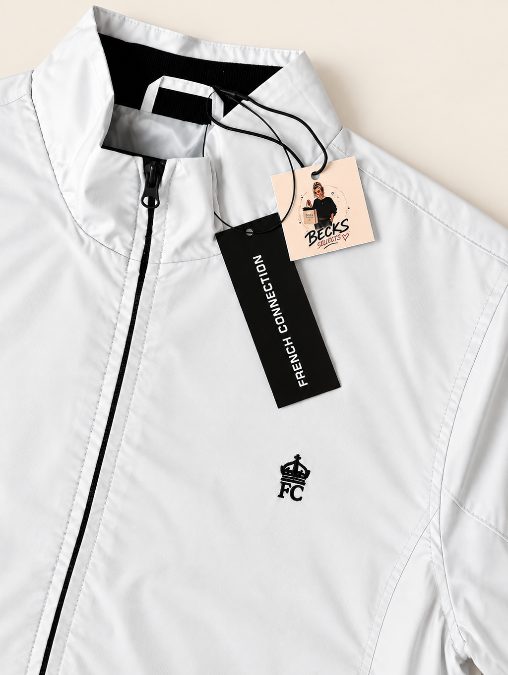 French Connection Men's White & Black Zip-Up Jacket – Small