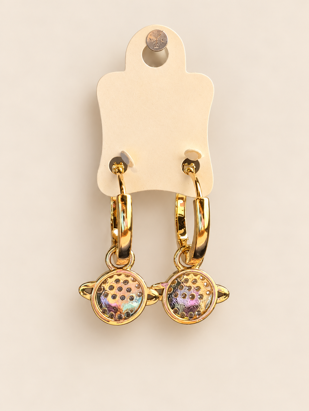 Gold Rhinestone Saturn Charm Hoop Earrings