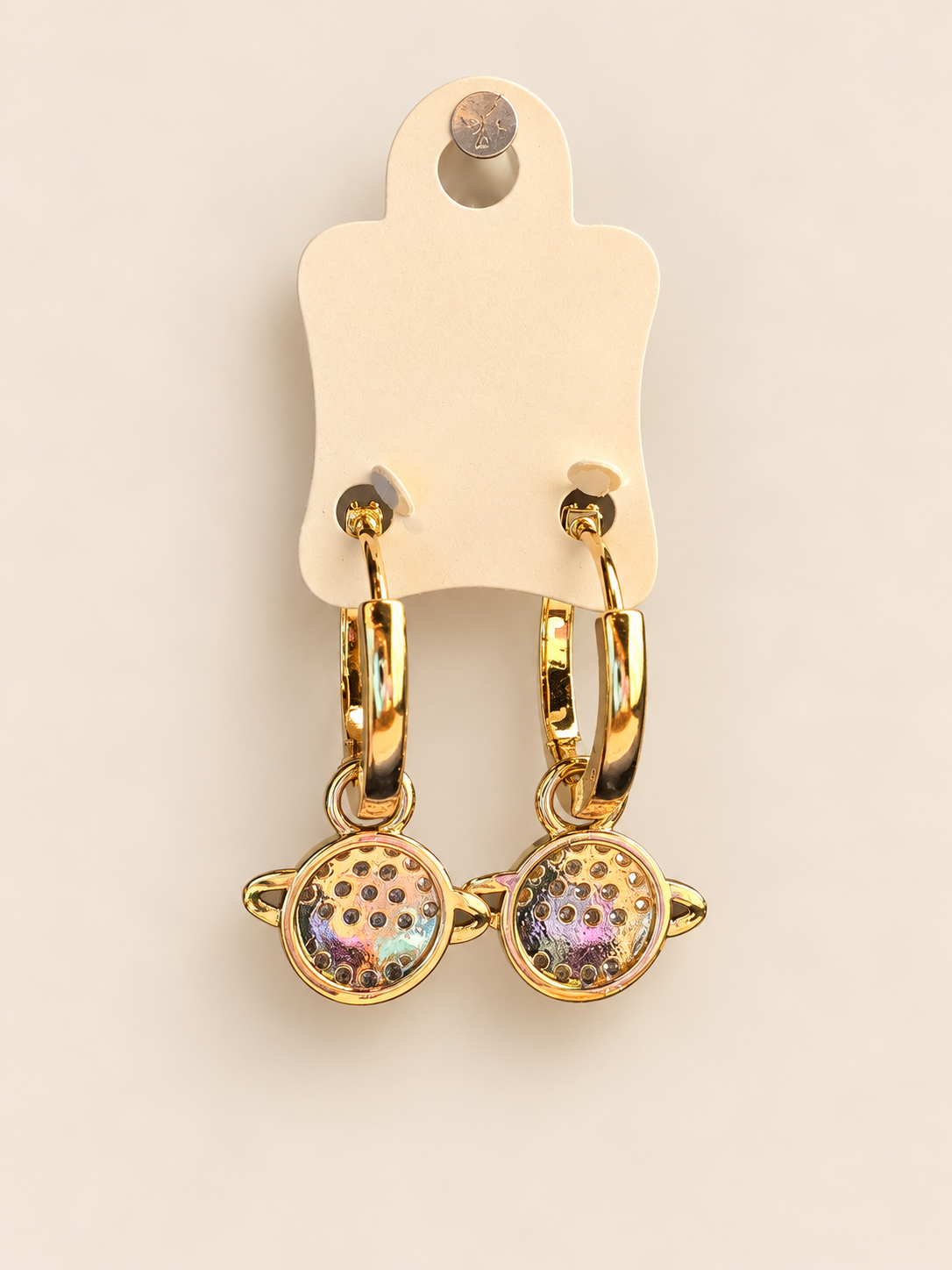 Gold Rhinestone Saturn Charm Hoop Earrings