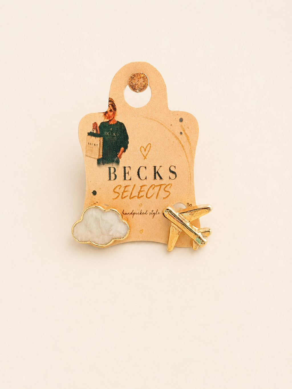 Gold Cloud and Airplane Stud Earrings