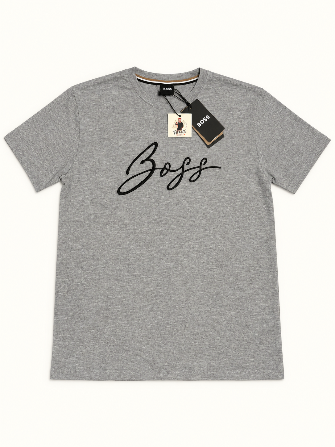 BOSS Tee 1 Script Logo T-Shirt – Grey – Medium