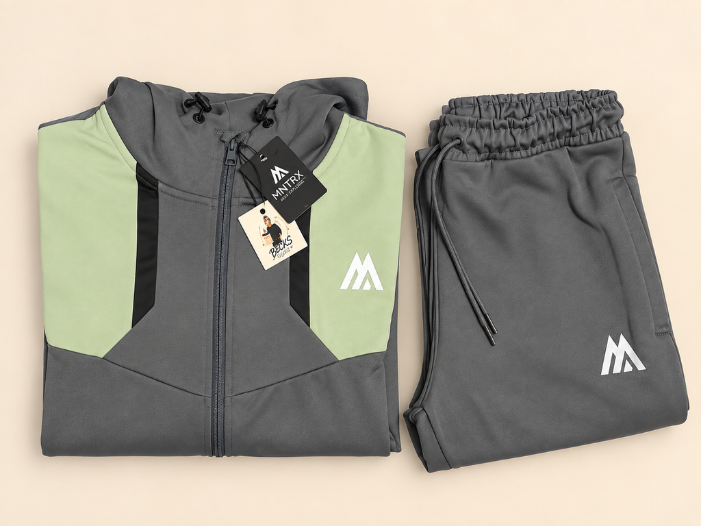 MNTRX Grey & Sage Green Hooded Tracksuit Set