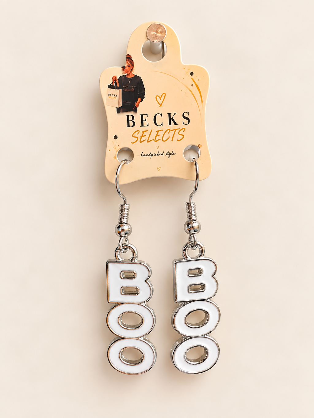 Halloween “BOO” Drop Earrings – Silver & White