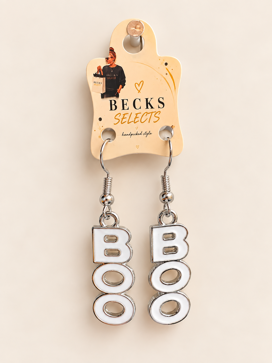 Halloween “BOO” Drop Earrings – Silver & White