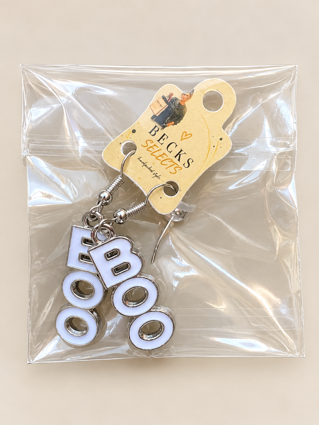 Halloween “BOO” Drop Earrings – Silver & White