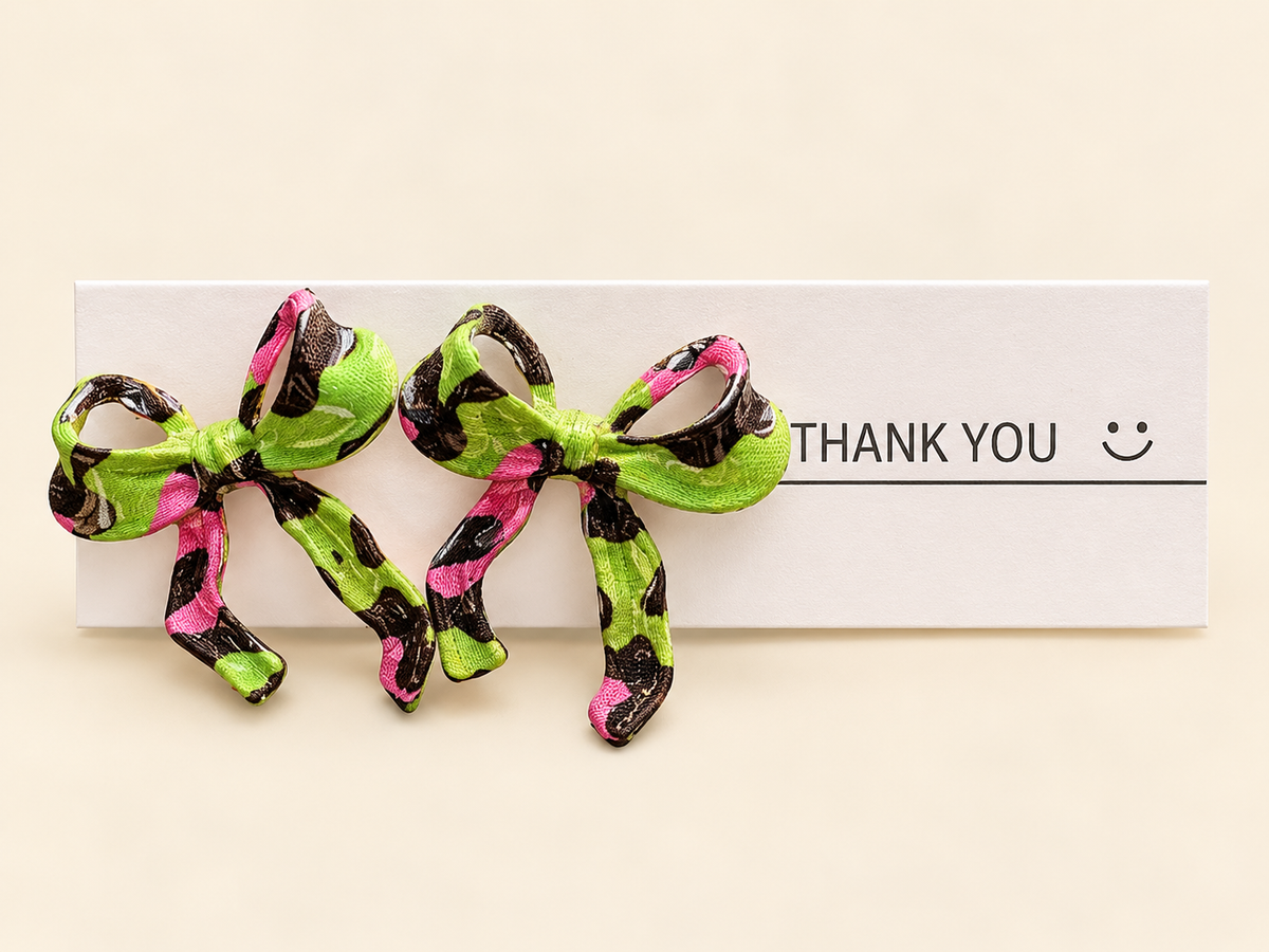 Neon Leopard Print Bow Stud Earrings – Pink & Green